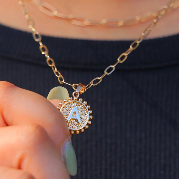 2 LAYER GOLD LETTER INITIAL COIN ROUND/CIRCLE PENDANT DAINTY NECKLACE, ELDM22154 - Picture 3 of 13